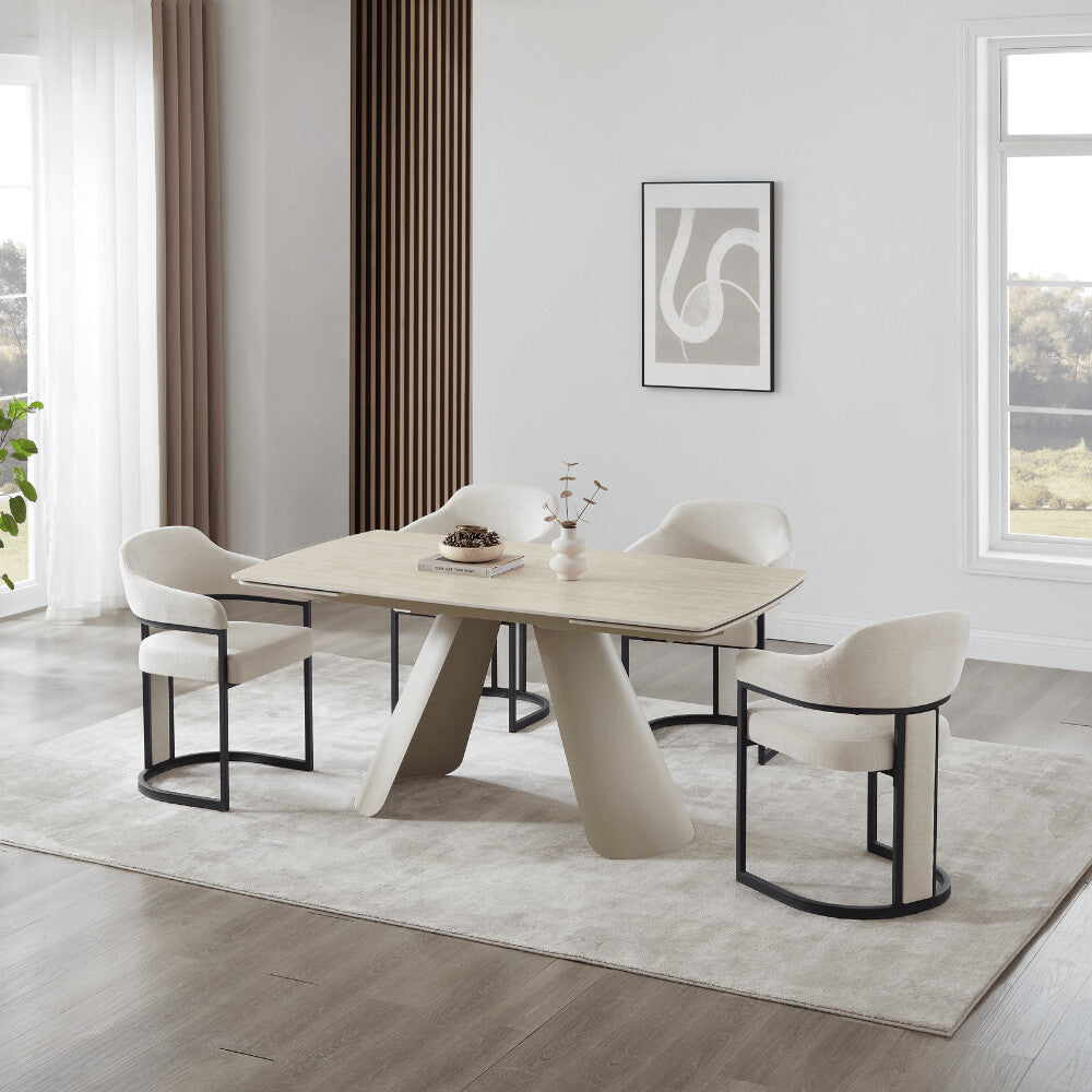 Petra Cream Travertine Ceramic Dining Set With 4 Camilla Chairs