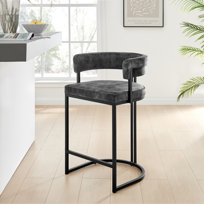 Curved Charcoal Velvet and Black Frame Counter Stool