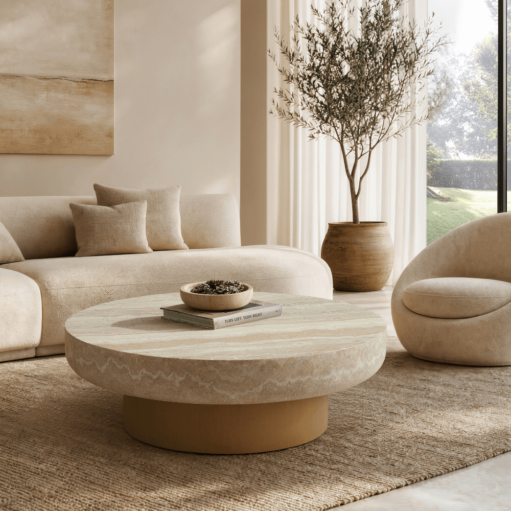 Ares Round Coffee Table Travertine Effect