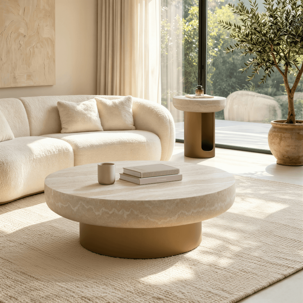 Ares Round Coffee Table Travertine Effect