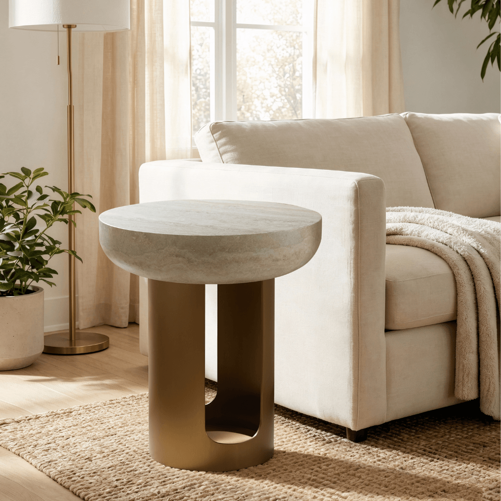Ares Round Side Table Travertine Effect