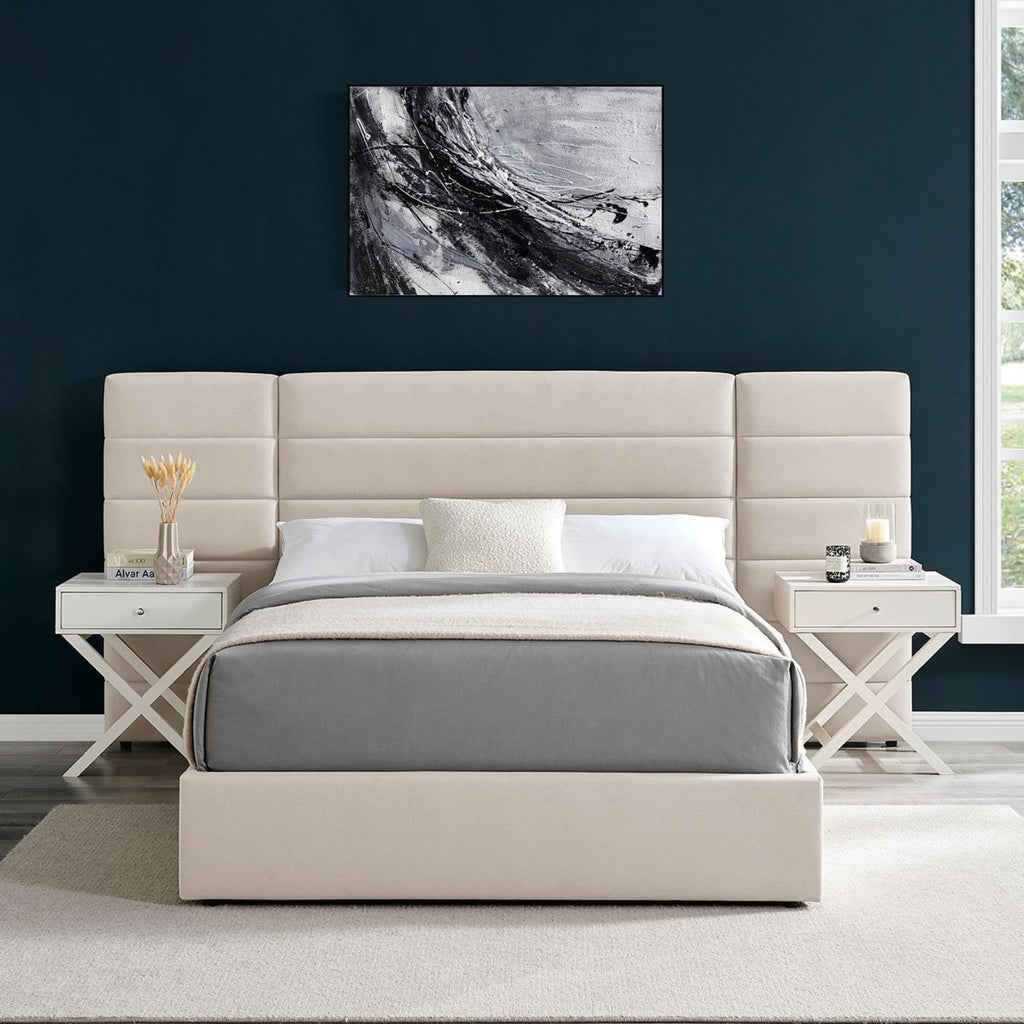 Amara Beige Wide Panel Fabric Headboard Ottoman Storage Bed King Size