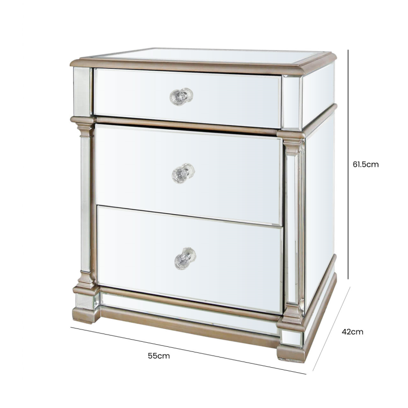 Champagne Mirrored 3 Drawer Bedside Cabinet EX DISPLAY