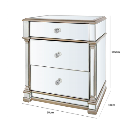 Champagne Mirrored 3 Drawer Bedside Cabinet EX DISPLAY