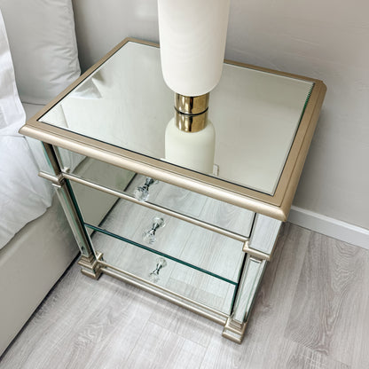 Champagne Mirrored 3 Drawer Bedside Cabinet EX DISPLAY