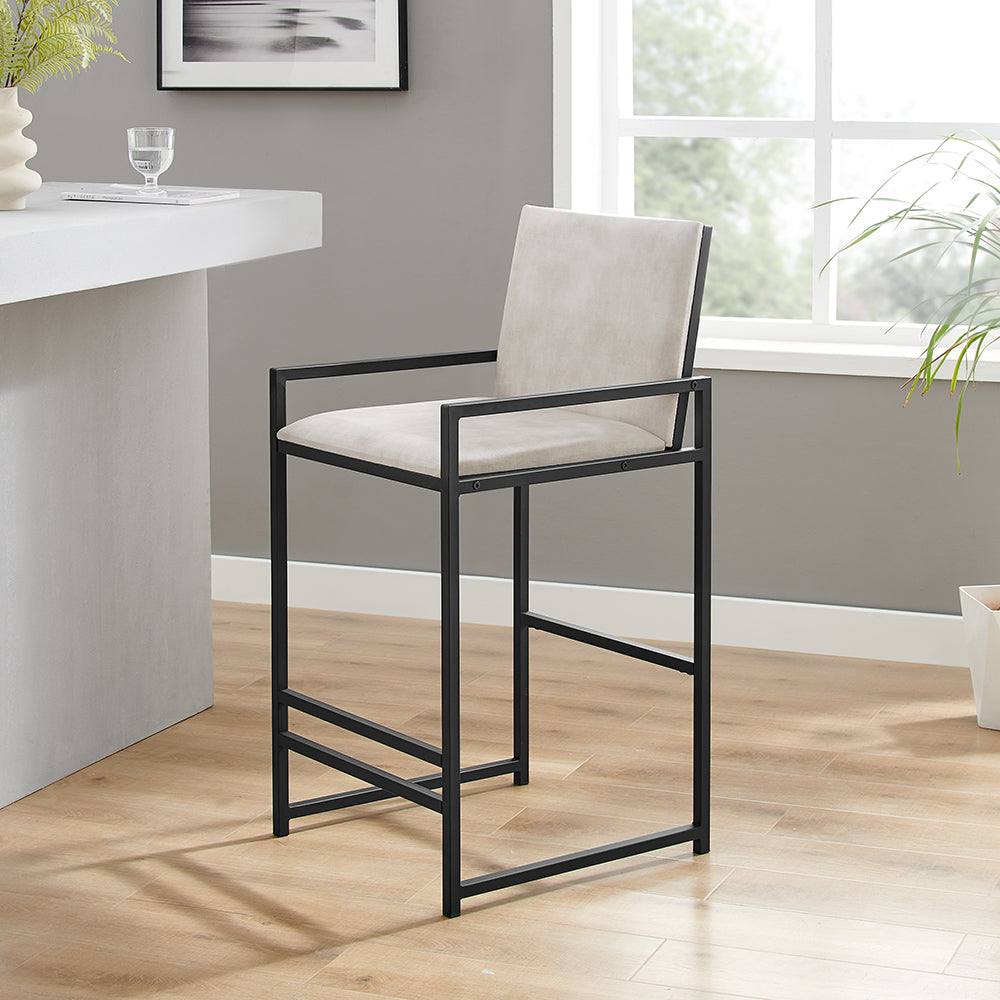 Kai Cream Velvet Bar Stool with Black Square Frame