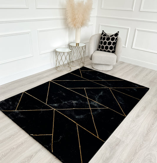 Black & Gold Marble Effect Geometric Rug 160 x 220