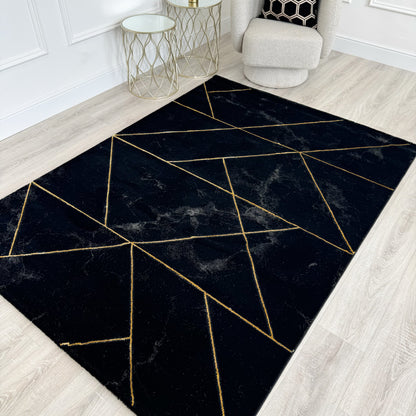 Black & Gold Marble Effect Geometric Rug 160 x 220