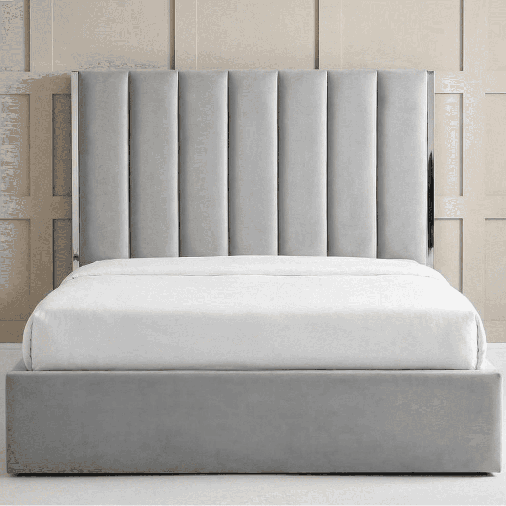 Chloe Light Grey Bed With Silver Trim And Ottoman Storage