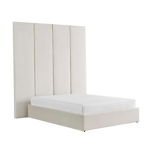 Cream Velvet Wall Panel Bed with Ottoman Storage