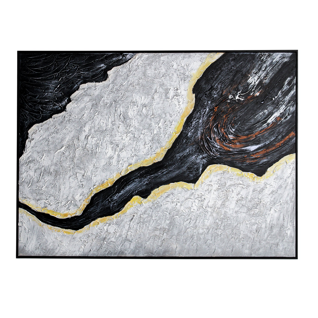 Black and Grey Abstract Canvas with Bright Accents and Black Frame