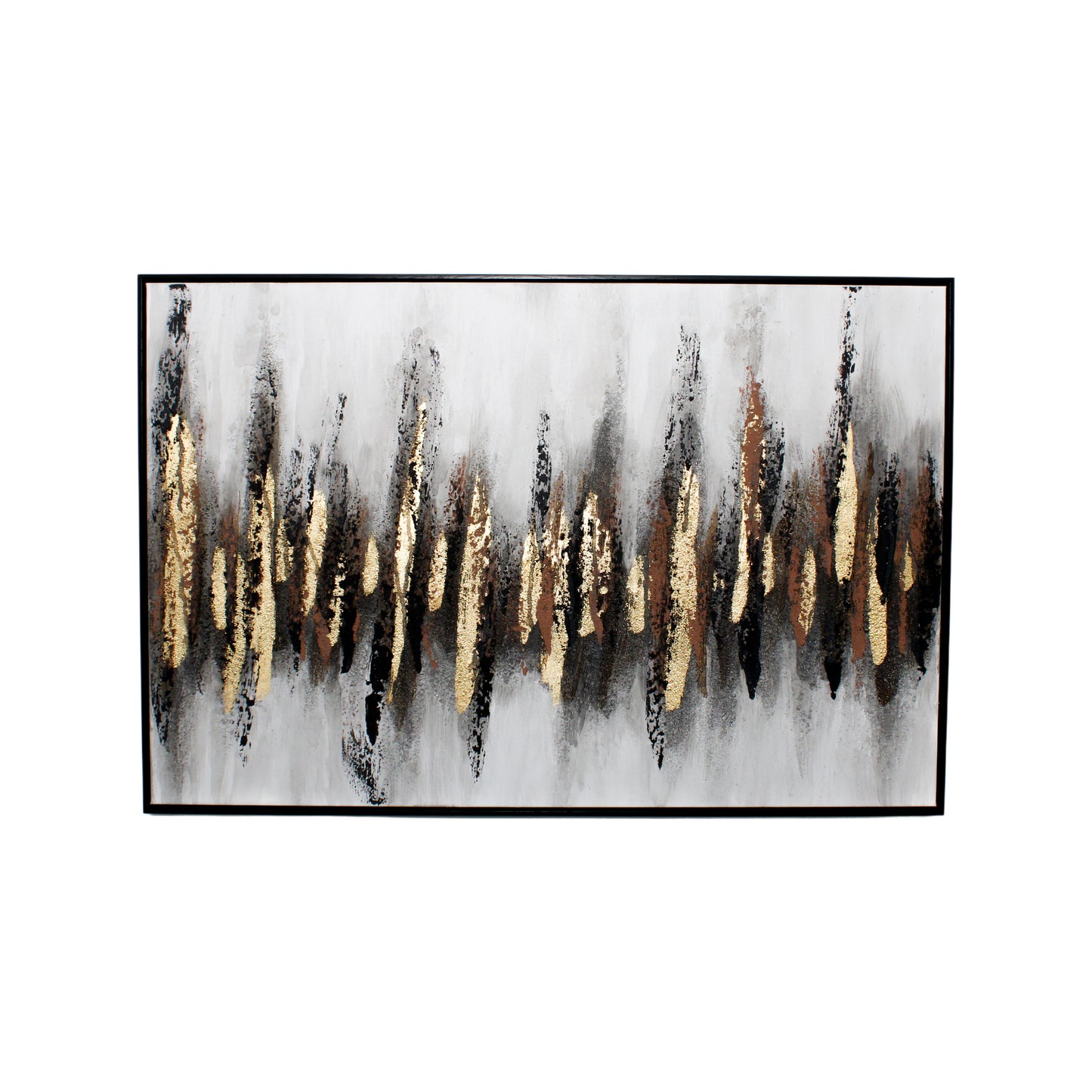 White and Black Brushwork Wall Art with Gold Accents and Black Frame