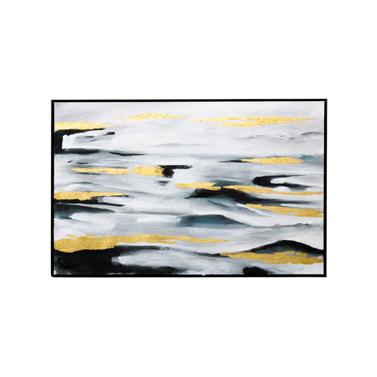 Abstract Ocean View Canvas with Black and Gold Accents and Black Frame