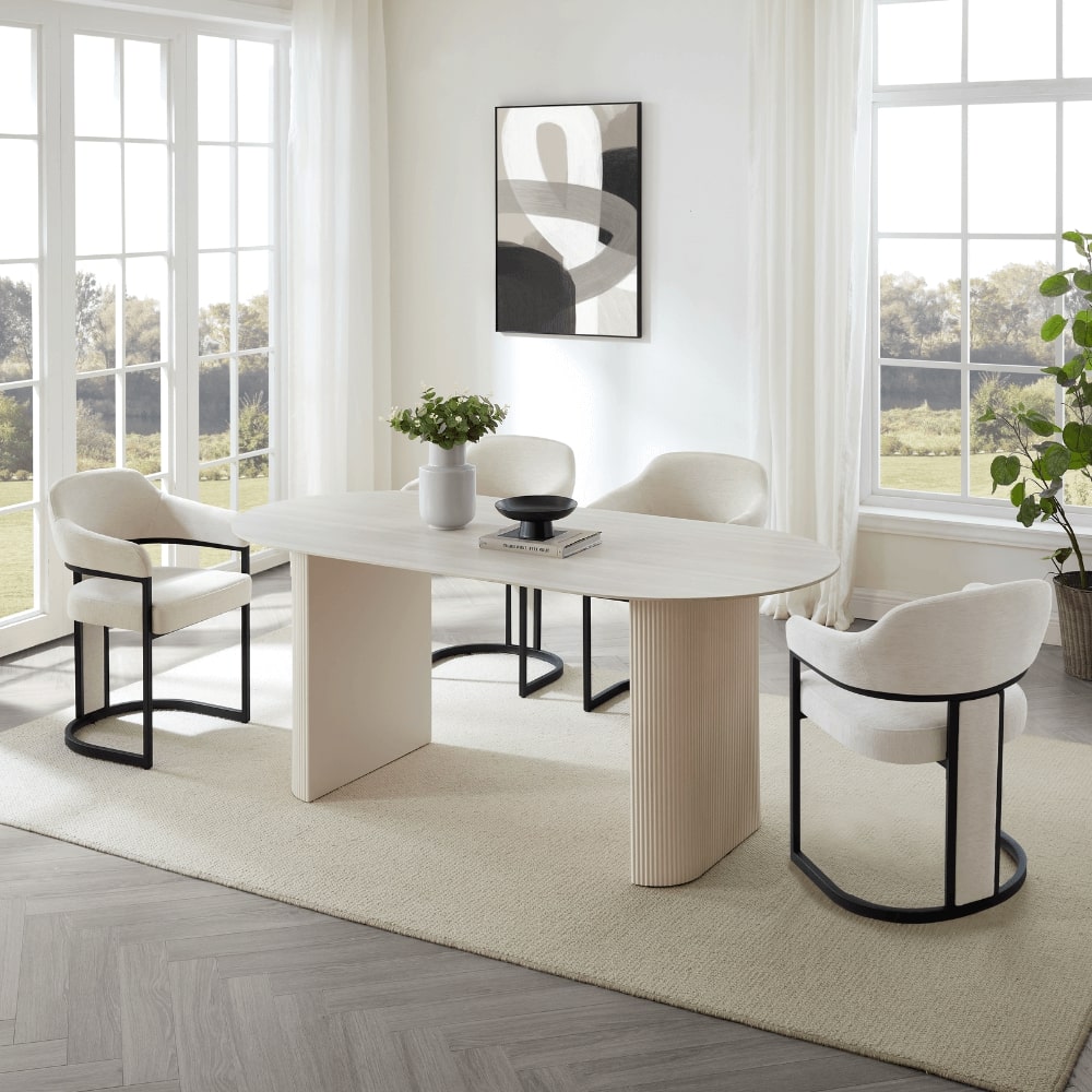 Sofia White Ceramic Dining Set With 6 Camilla Cream Chairs