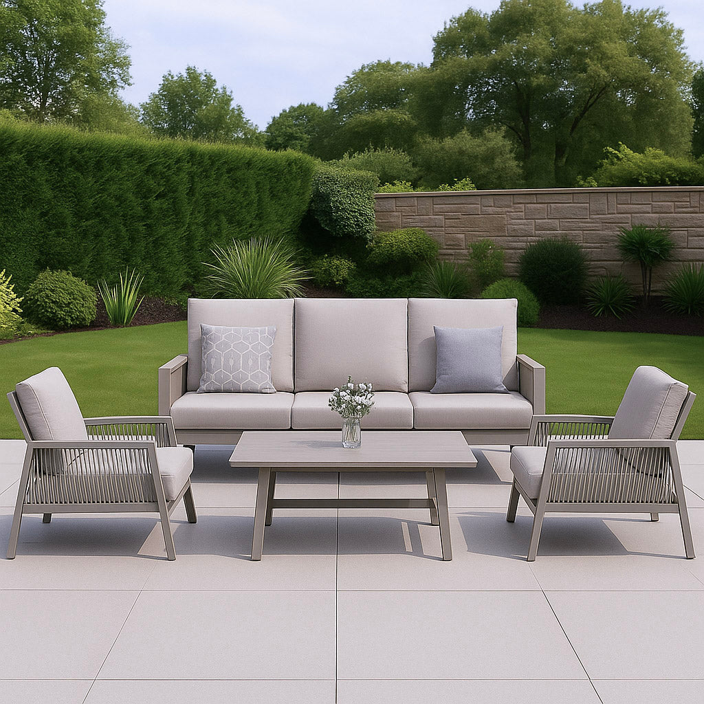 Sicily Beige Aluminium 5 Seater Sofa Set With Beige Cushions