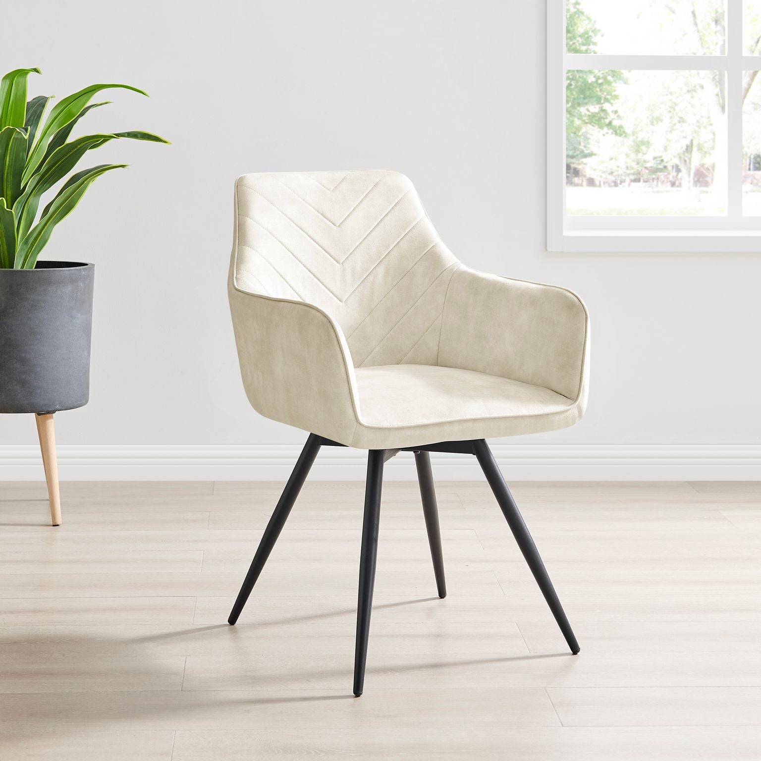 Mila Cream Plush Velvet Swivel Dining Chair with Black Legs