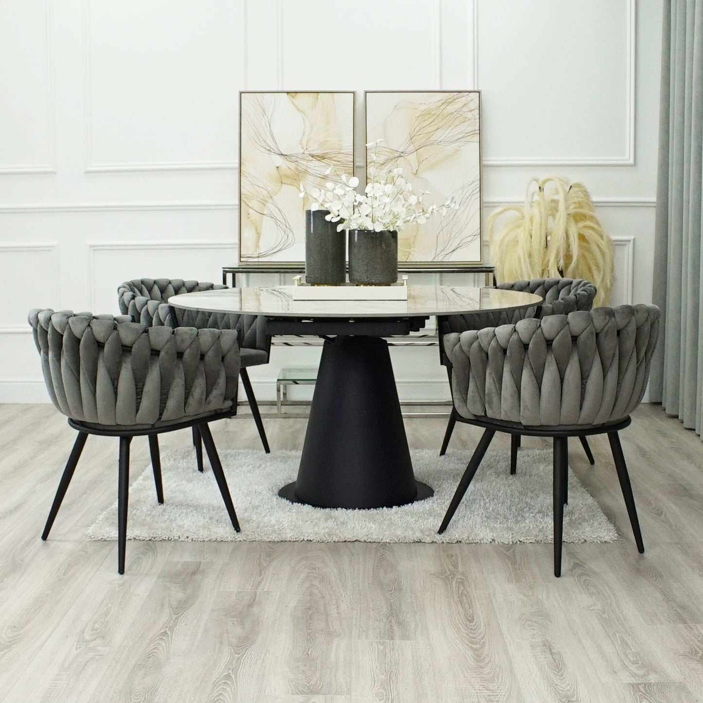 Grey Ceramic Marble Effect Round Extending Dining Table With 4 Grey Weave Chairs