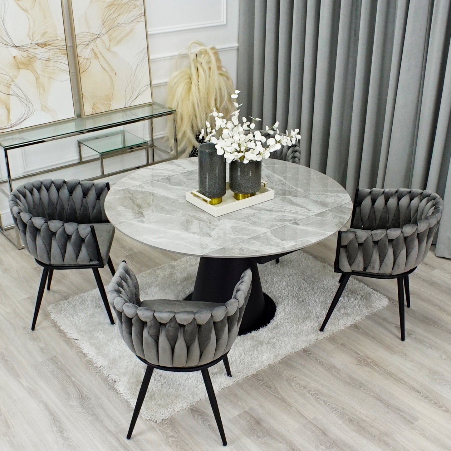 Grey Ceramic Marble Effect Round Extending Dining Table With 4 Grey Weave Chairs