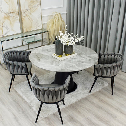 Grey Ceramic Marble Effect Round Extending Dining Table With 4 Grey Weave Chairs