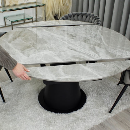 Grey Ceramic Marble Effect Round Extending Dining Table With 4 Grey Weave Chairs