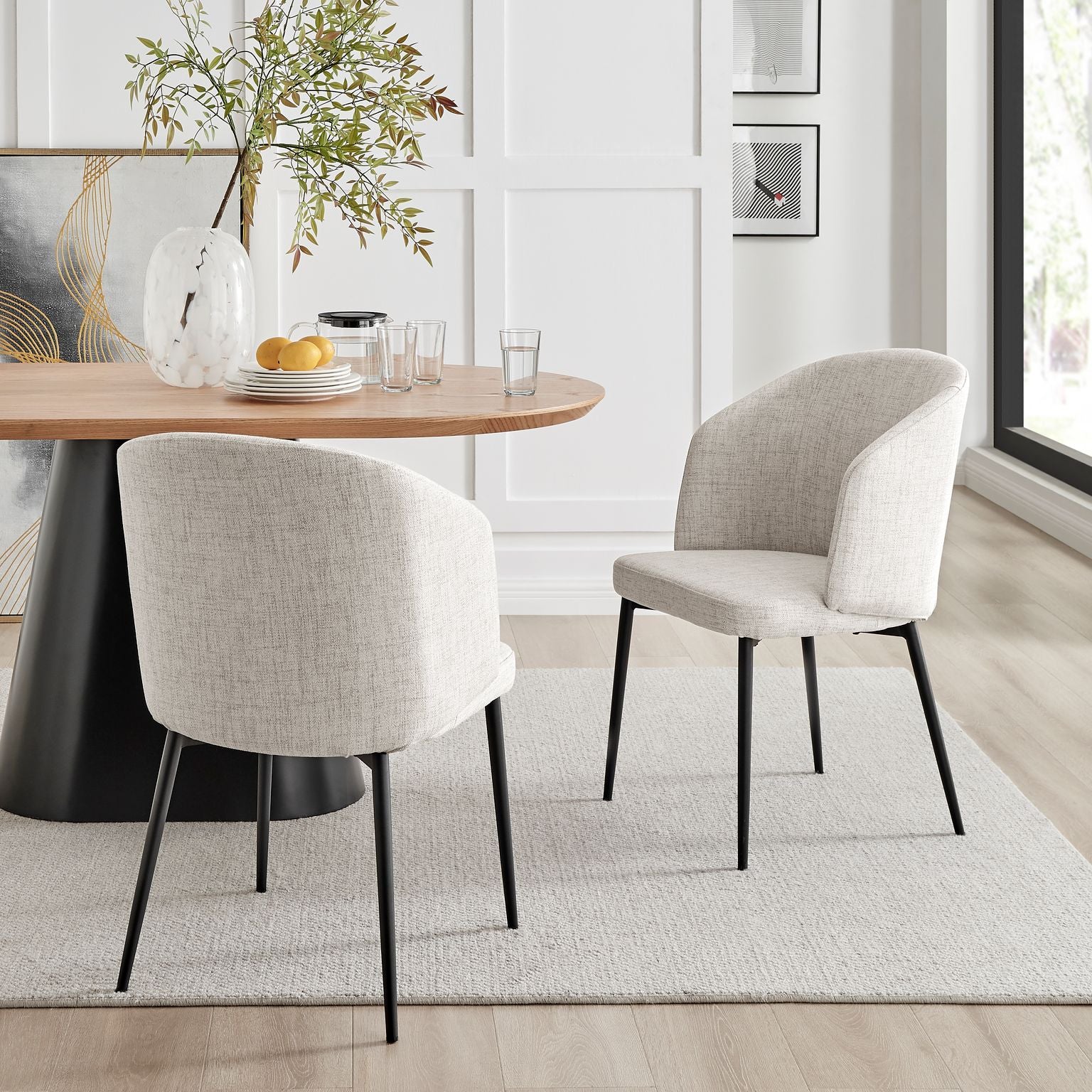 Castelle Ivory Linen Curved Dining Chair With Black Legs