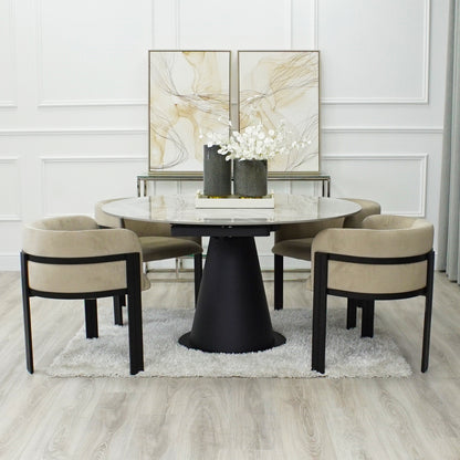 Grey Ceramic Marble Effect Round Extending Dining Table With 4 Beige Chairs