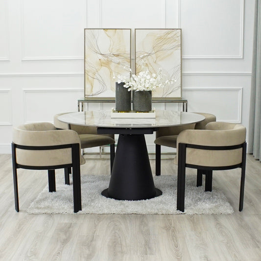 Grey Ceramic Marble Effect Round Extending Dining Table With 4 Beige Chairs