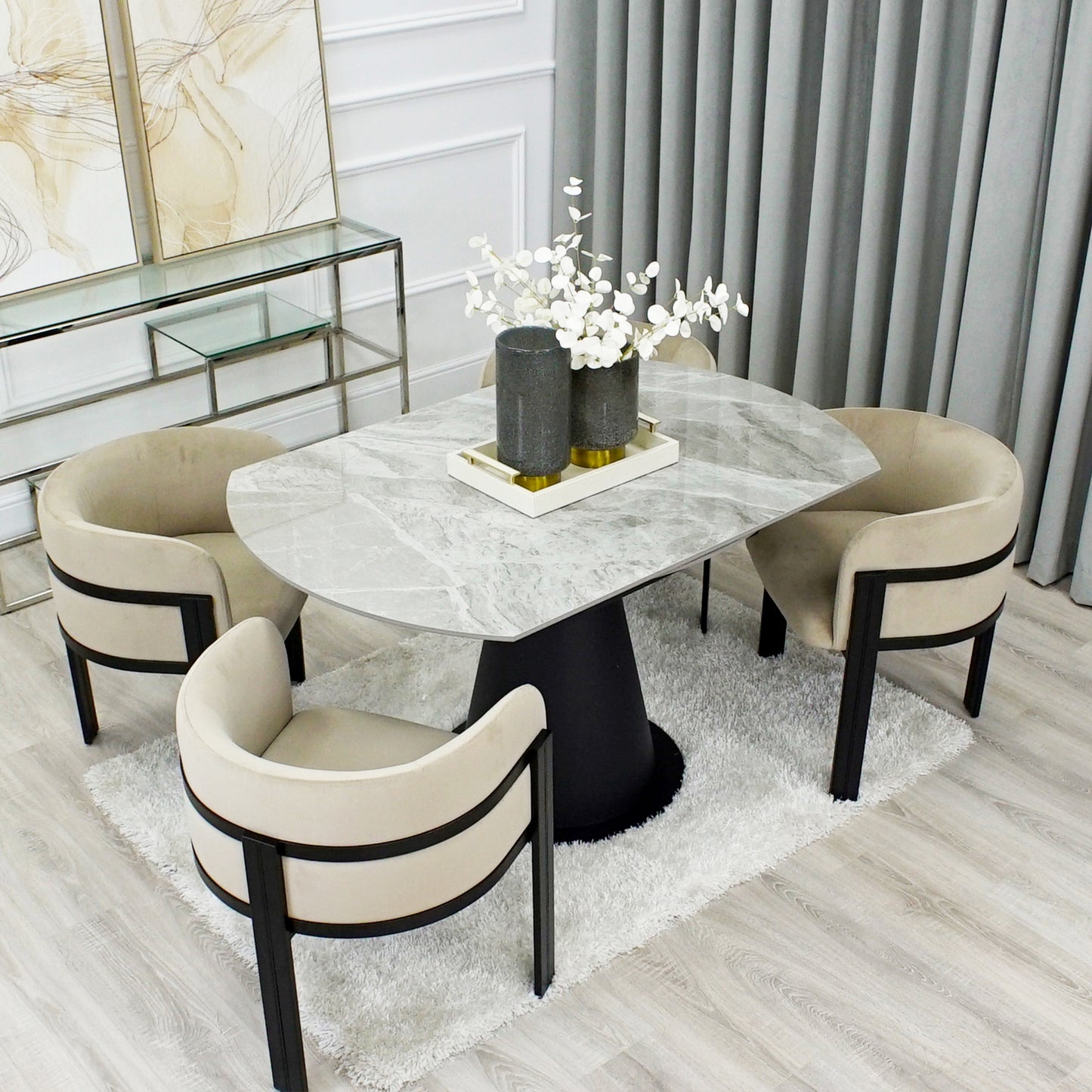 Grey Ceramic Marble Effect Round Extending Dining Table With 4 Beige Chairs