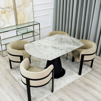 Grey Ceramic Marble Effect Round Extending Dining Table With 4 Beige Chairs