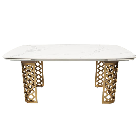 White Marble Effect Extending Dining Table Gold Base