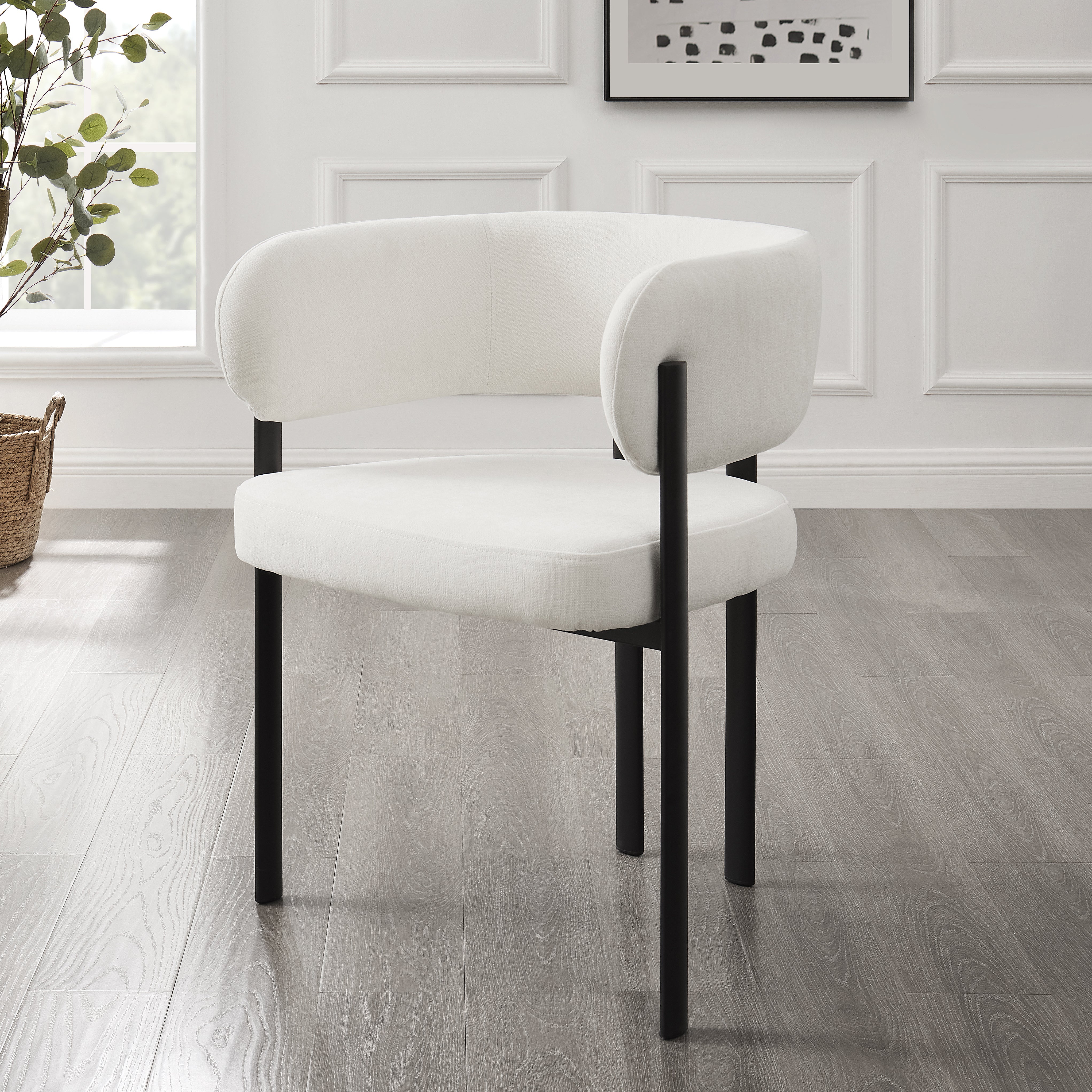 Elle Curved Ivory Linen Dining Chair With Black Frame