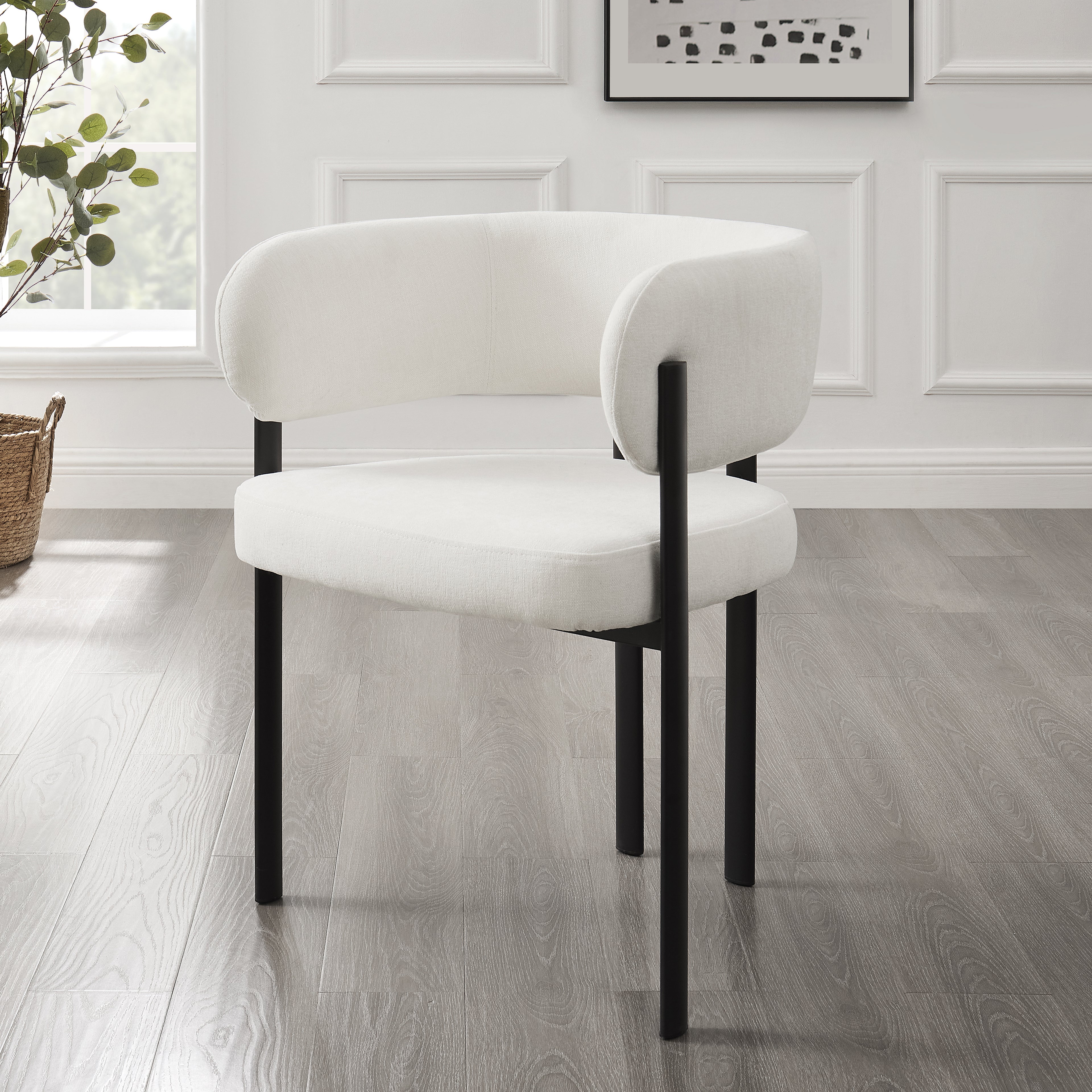 Elle Curved Ivory Linen Dining Chair With Black Frame