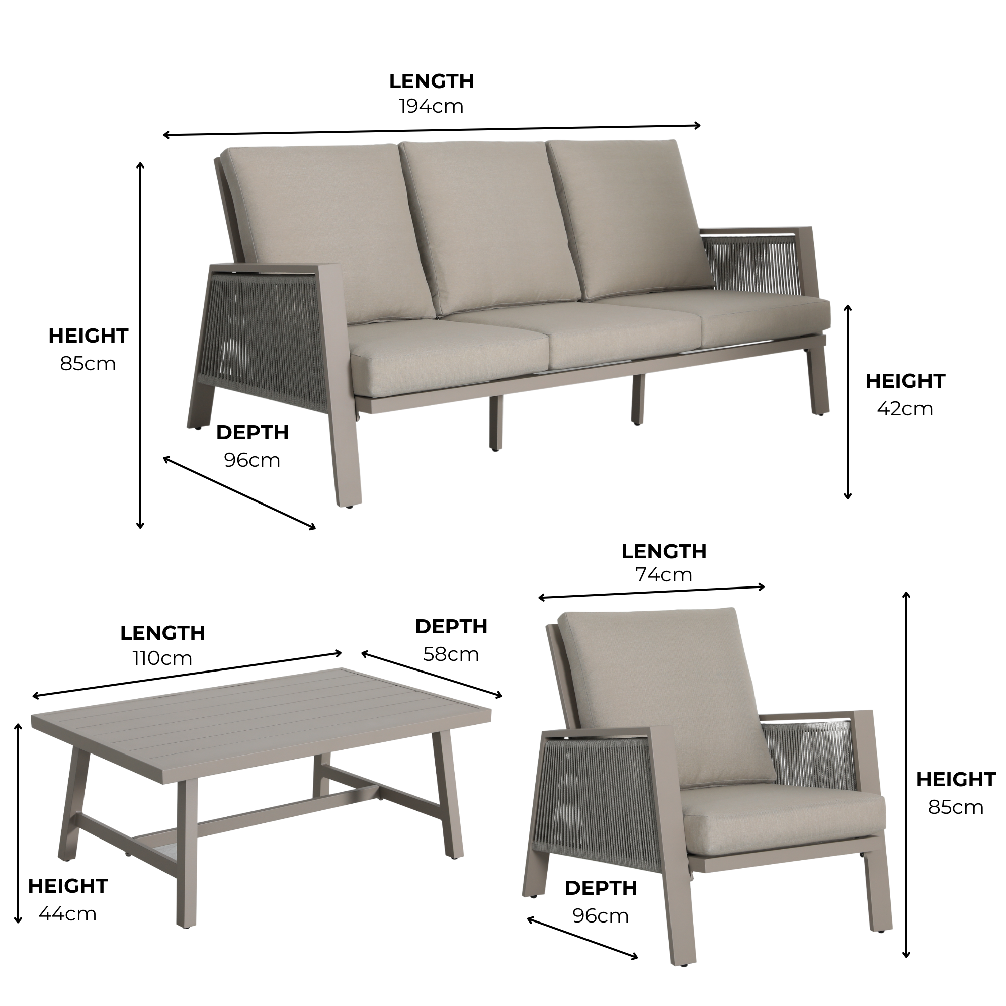 Sicily Beige Aluminium 5 Seater Sofa Set With Beige Cushions