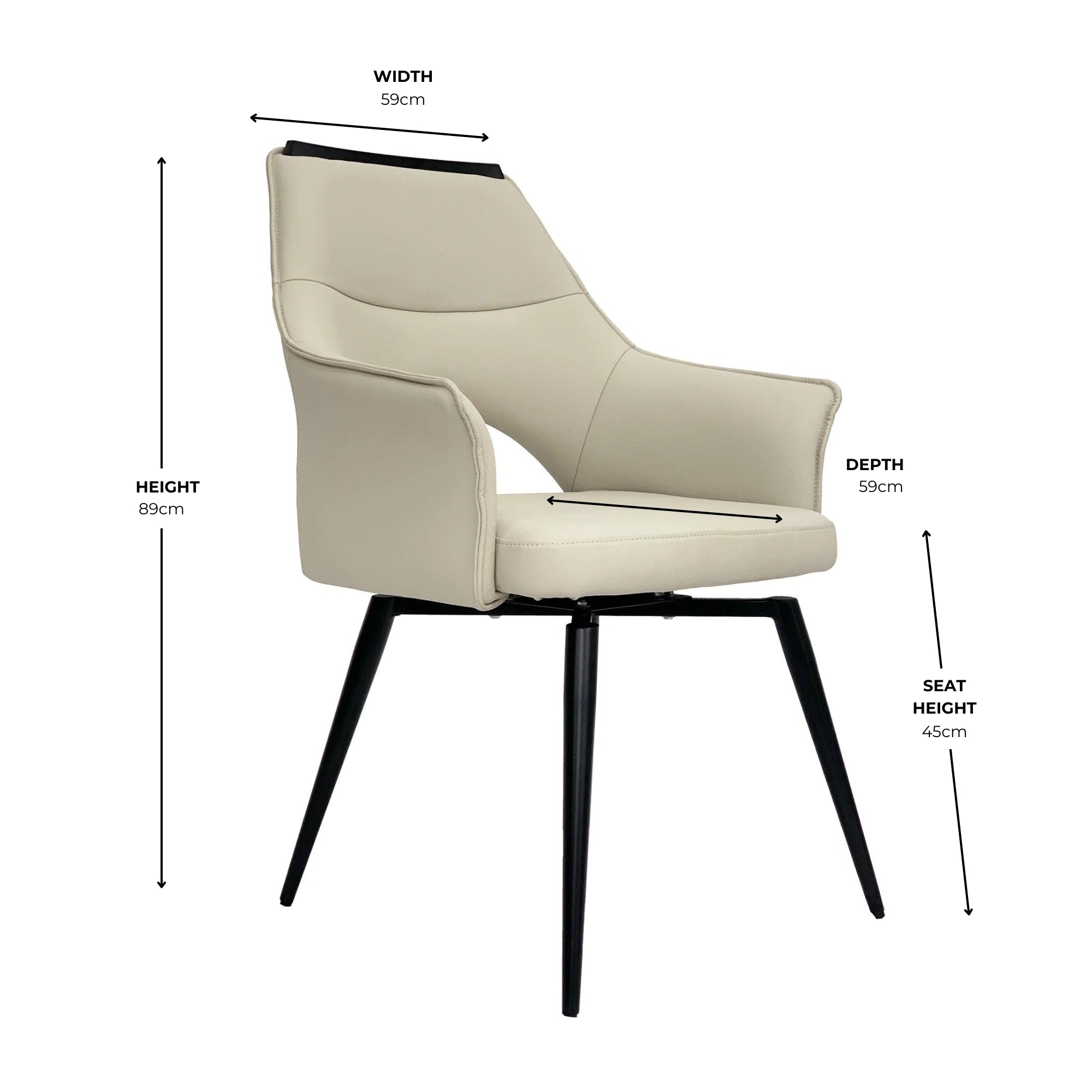 Esme Swivel Cream Leather Dining Chair Black Top Trim With Black Legs