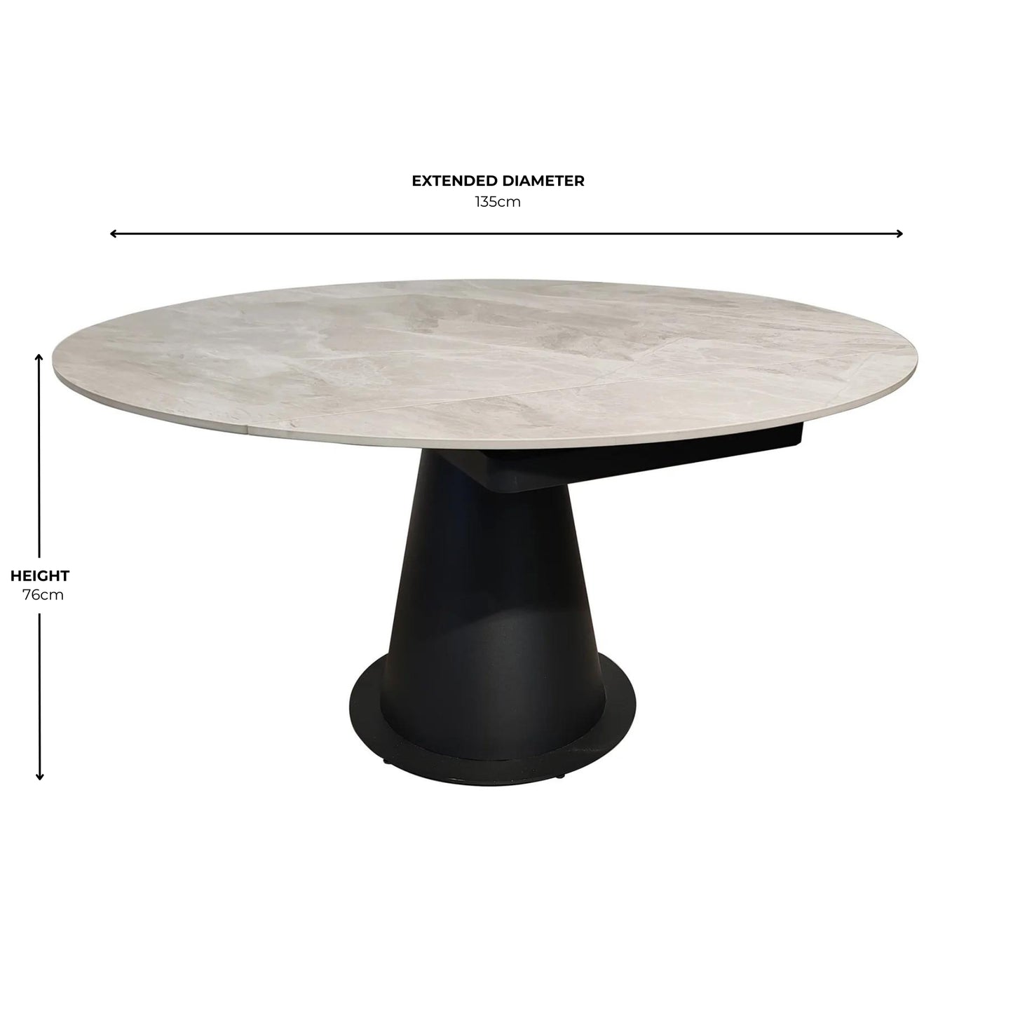 Grey Ceramic Marble Effect Round Extending Dining Table With Black Base