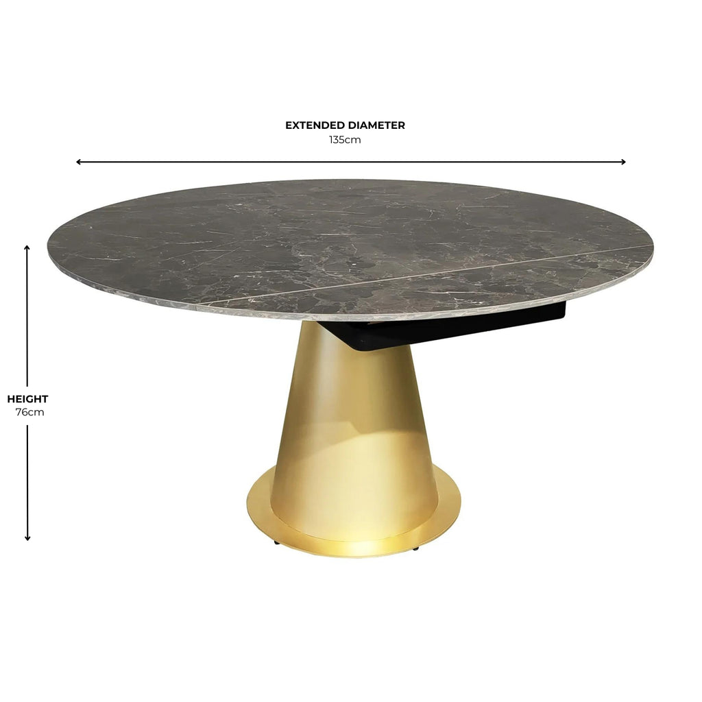 Black Ceramic Marble Effect Round Extending Dining Table With Gold Base