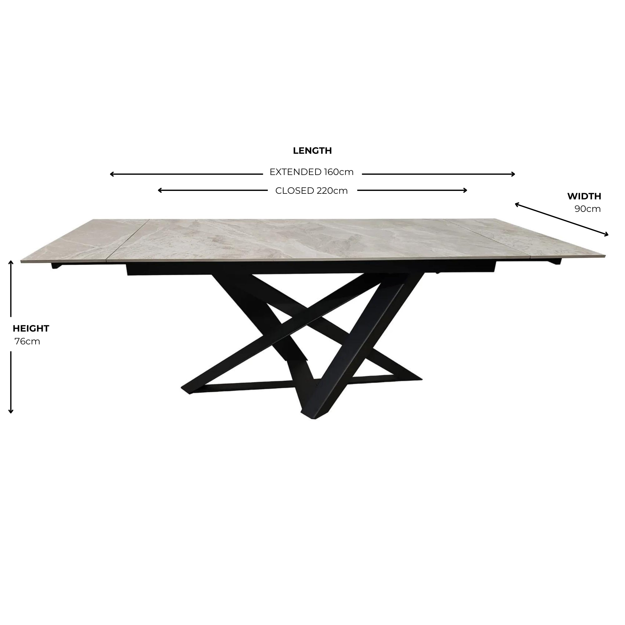 Grey Ceramic Marble Effect Extending Dining Table With Black Base