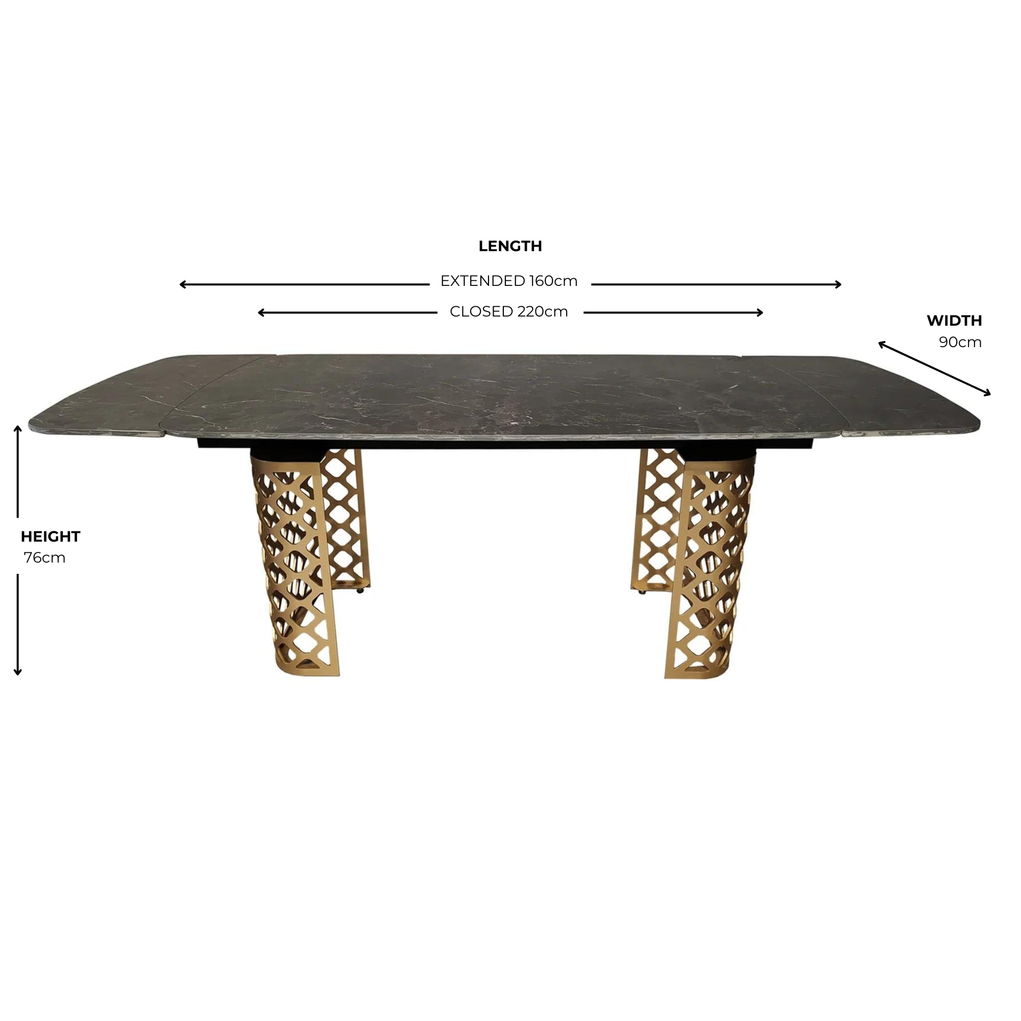 Black Ceramic Marble Effect Extending Dining Table Gold Base