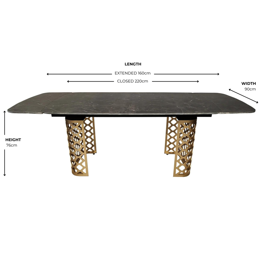Black Ceramic Marble Effect Extending Dining Table Gold Base
