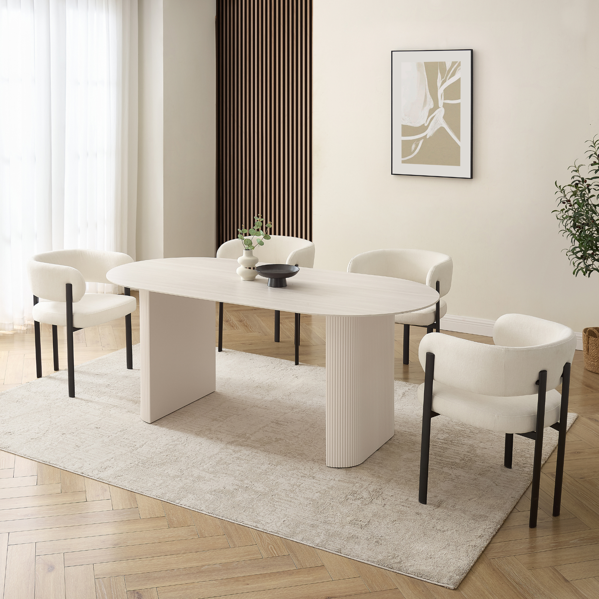 Sofia White Ceramic Dining Table with Cream Ribbed Base