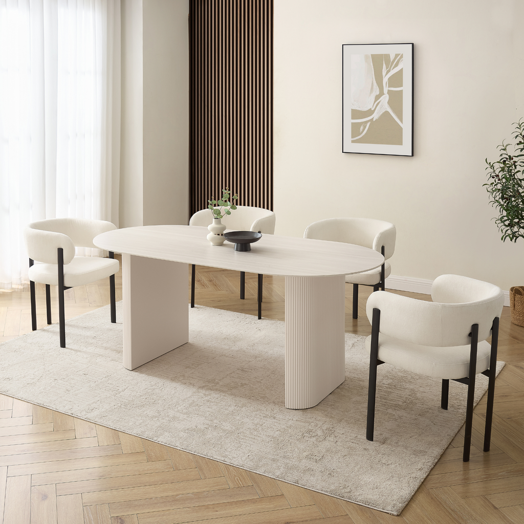 Sofia White Ceramic Dining Table with Cream Ribbed Base