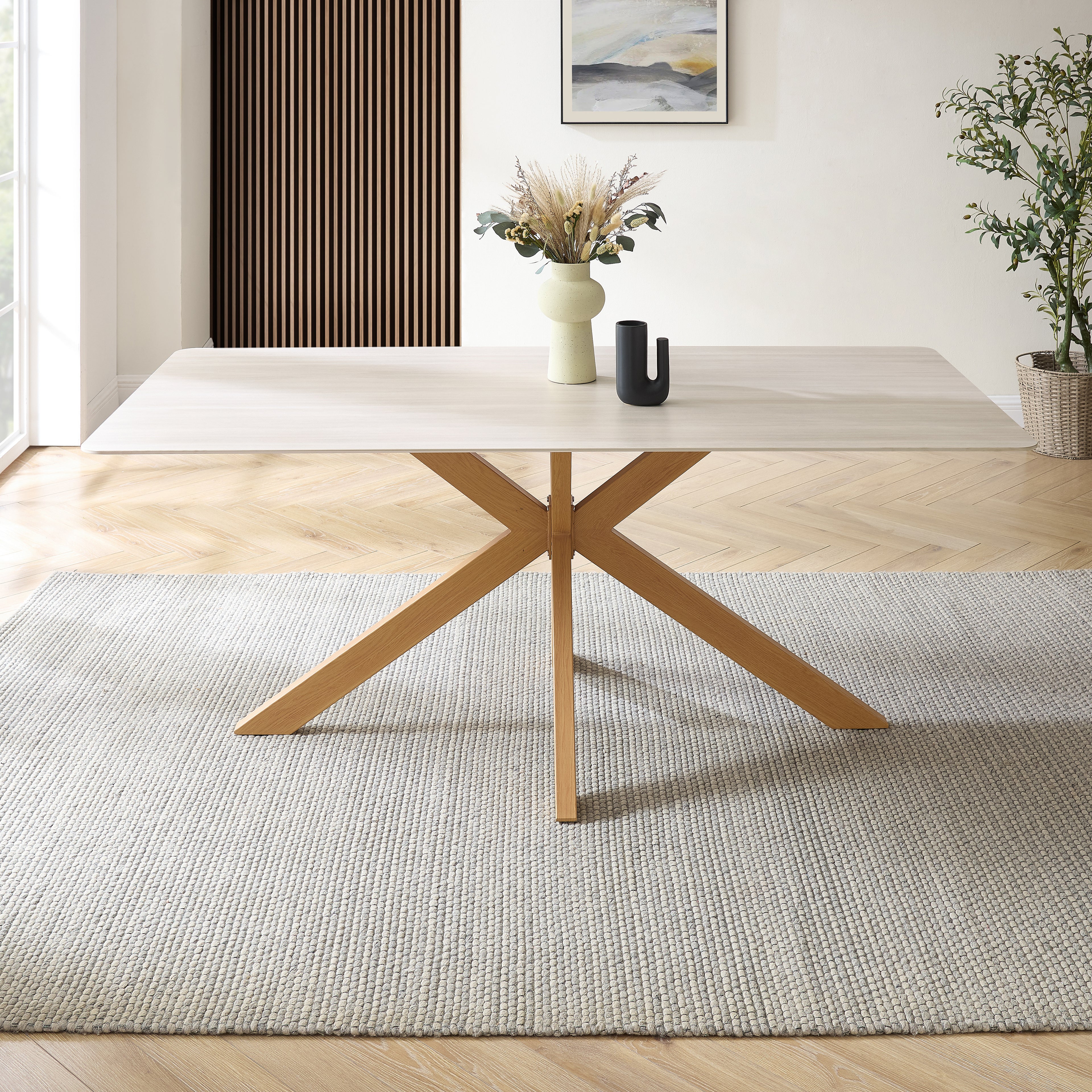 Athens White Ceramic Dining Table with Natural Wood Effect Base