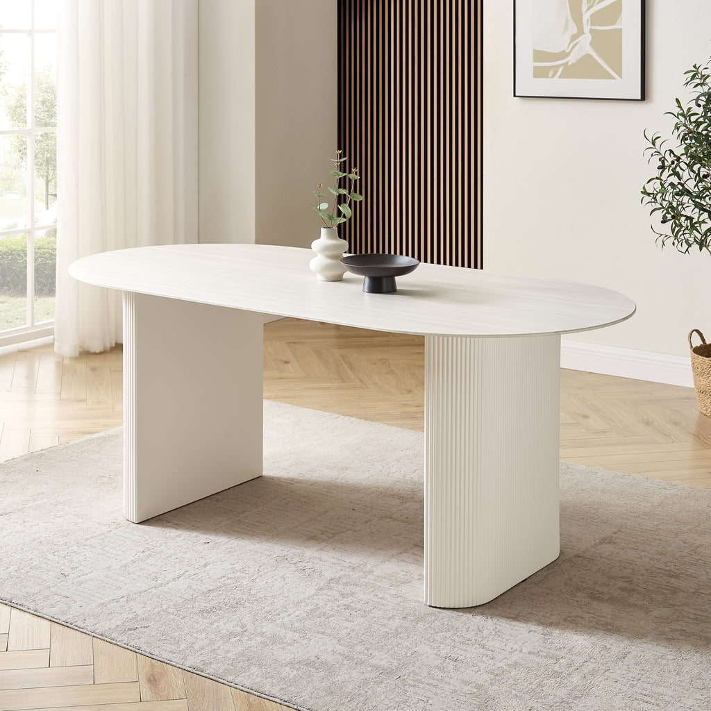 Sofia White Ceramic Dining Table with Cream Ribbed Base