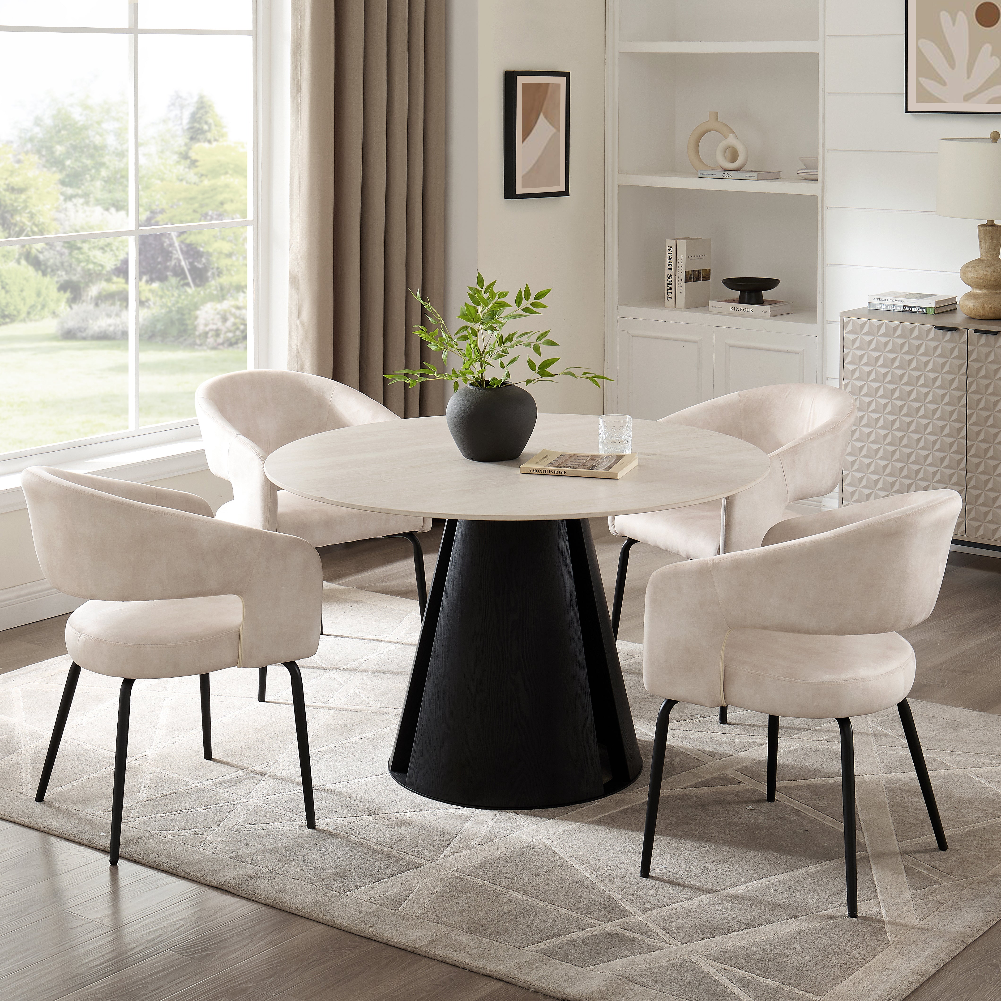 Maya Round Light Cream Ceramic Dining Table with Black Base