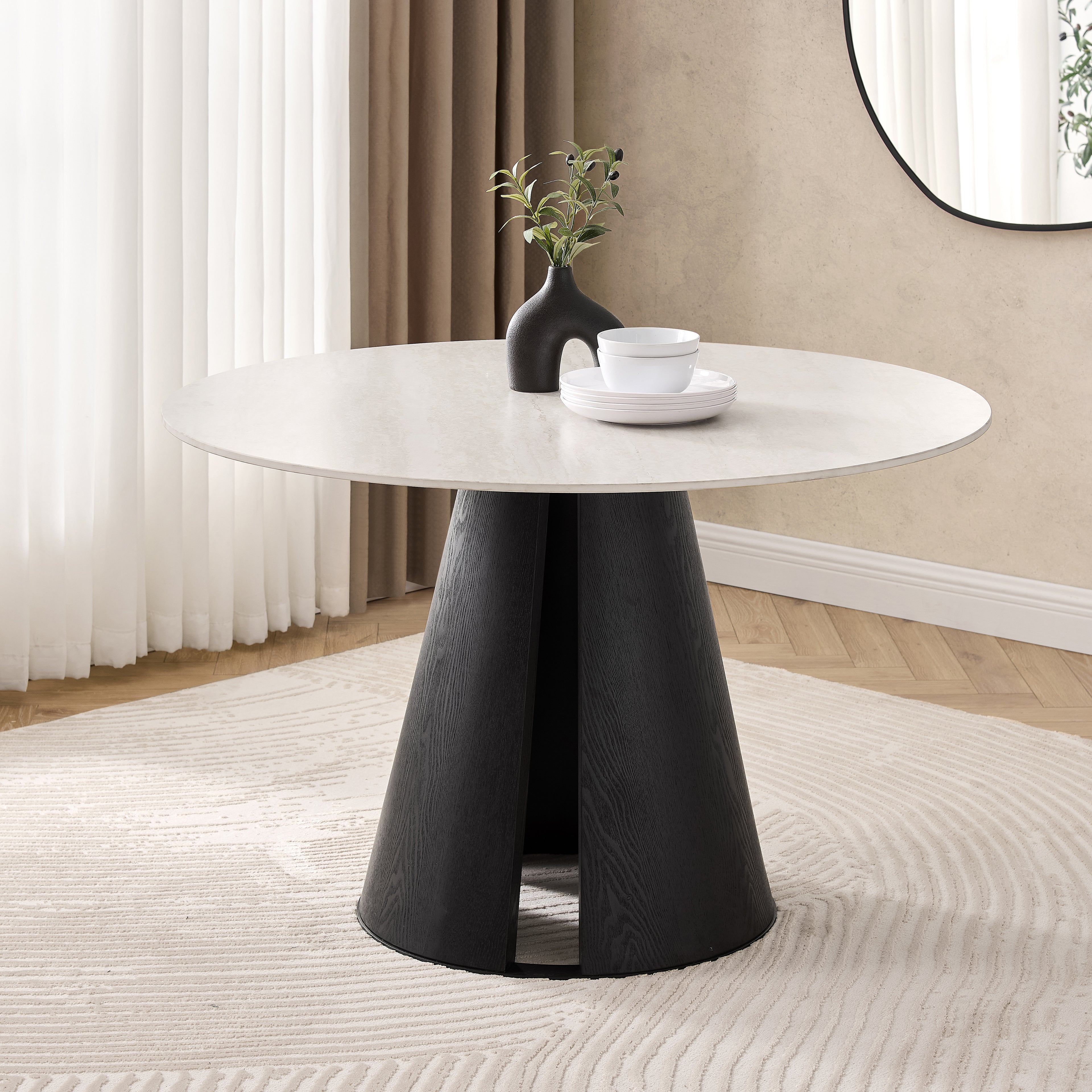 Maya Round Light Cream Ceramic Dining Table with Black Base