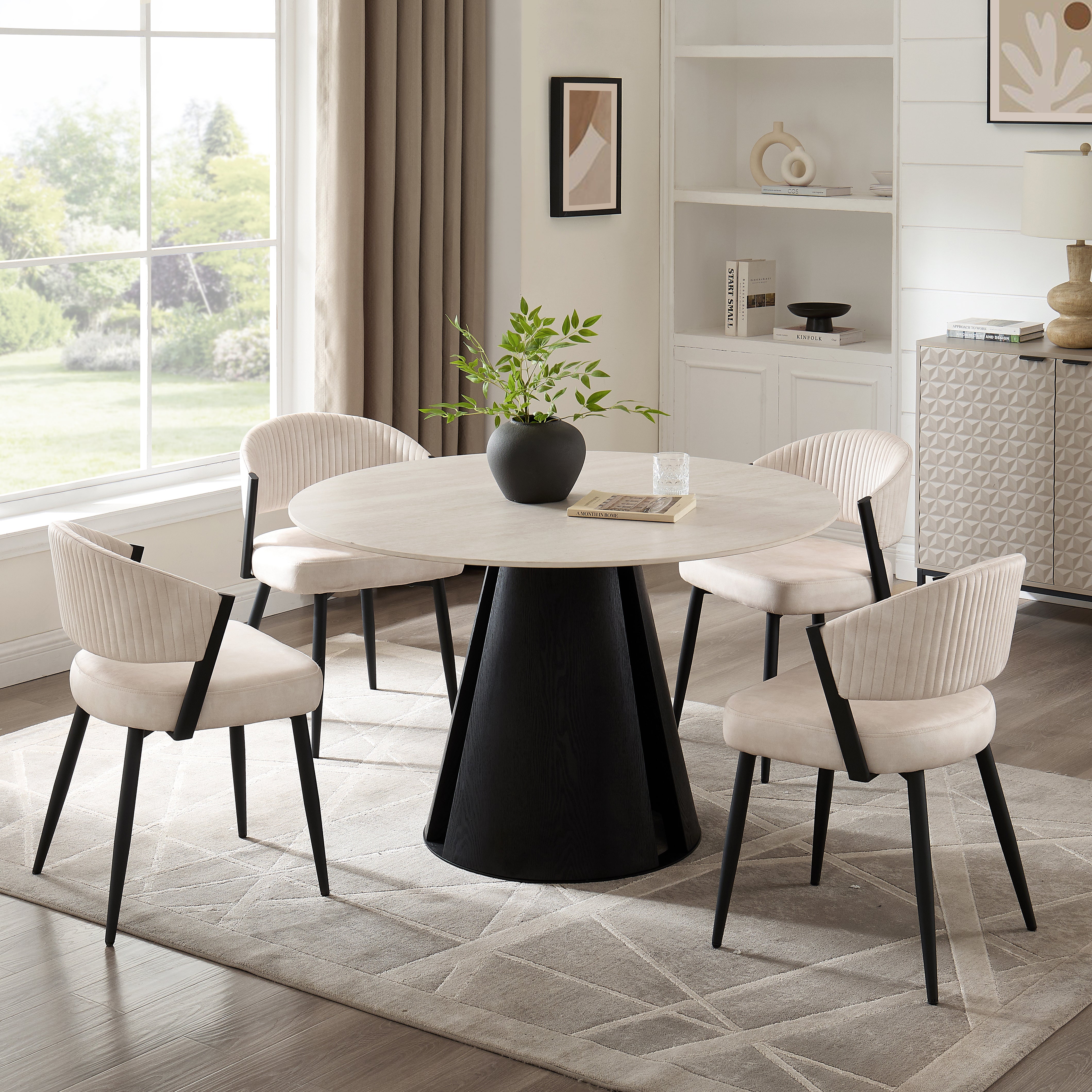 Maya Round Light Cream Ceramic Dining Table with Black Base