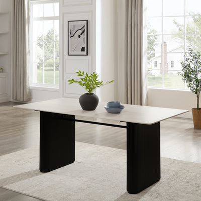 Siena White Ceramic Dining Table with Black Ribbed Base