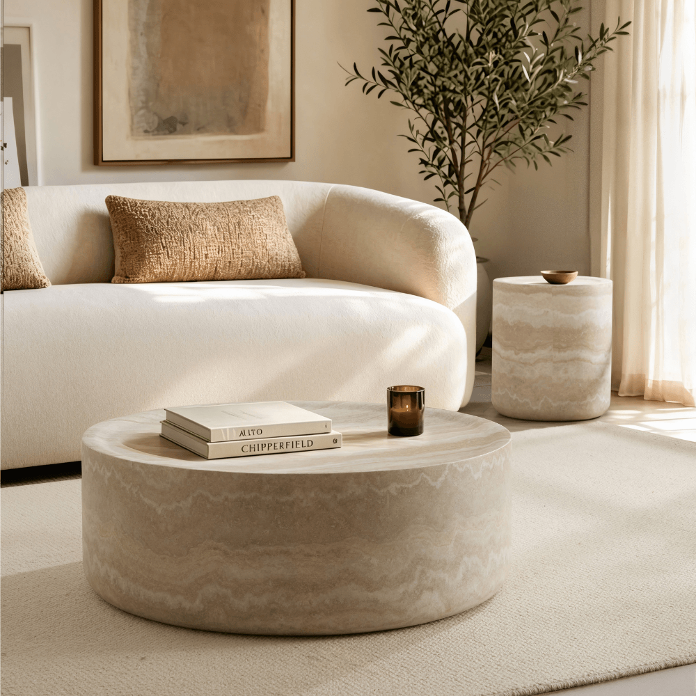 Hermes Round Coffee Table Travertine Effect