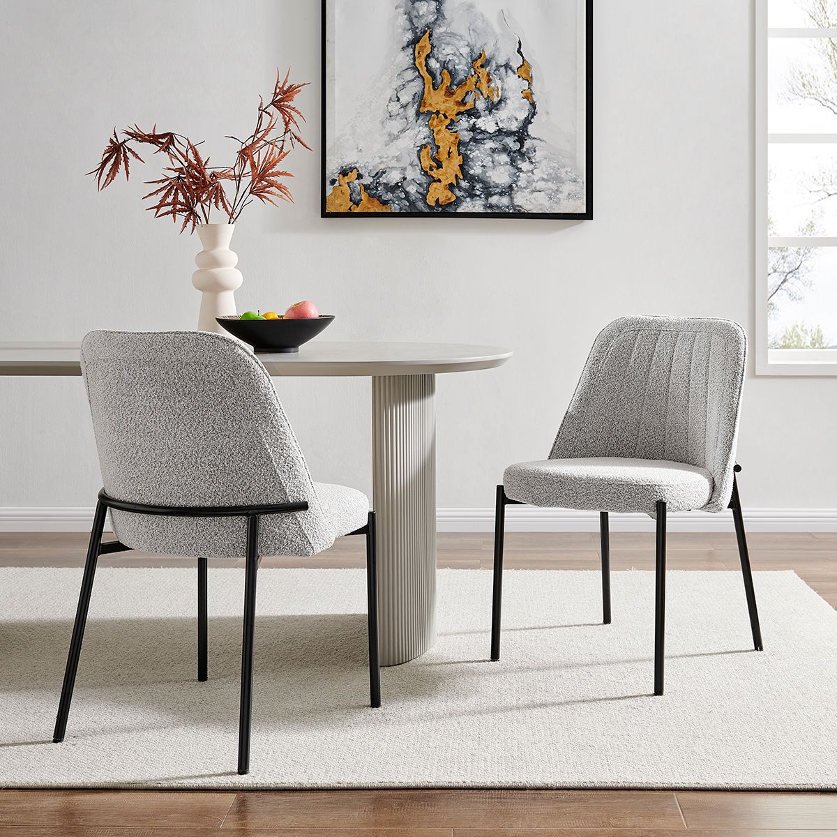 Light Grey Ribbed Wooden Dining Table with Light Grey Boucle Chairs