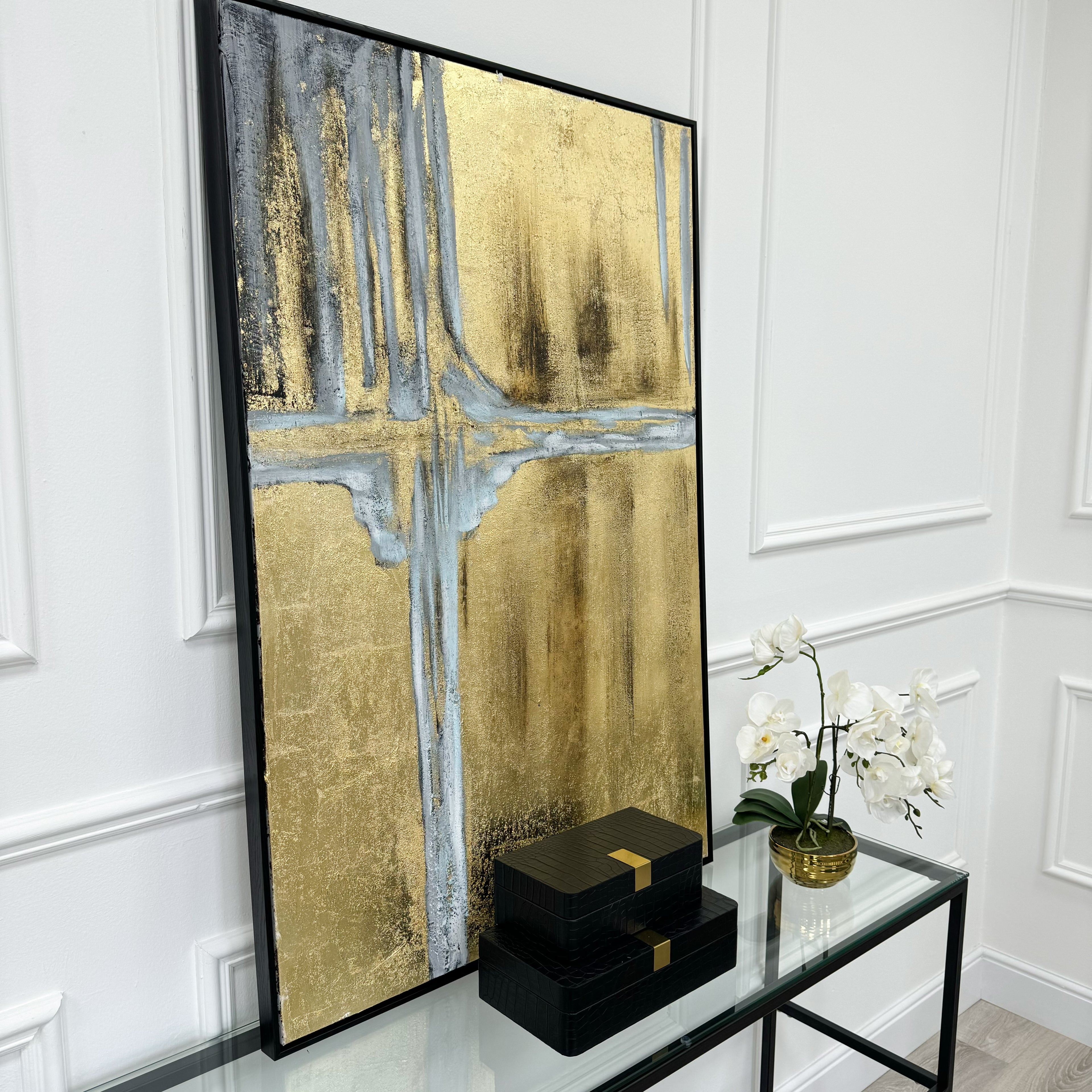 Framed Gold Canvas with a Cool Grey Contrast in Black Frame